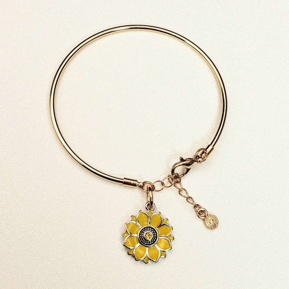 Sunflower Rhinestone Charm Bangle Bracelet Cuff Adjustable - Picture 9 of 10